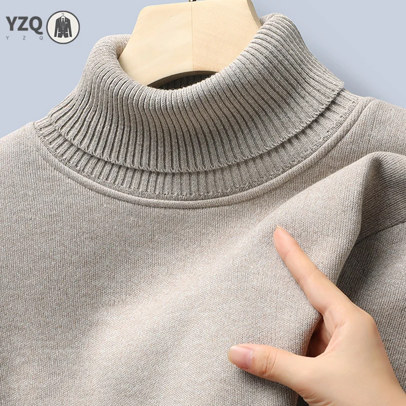 Casual Turtleneck Knit Sweater For Male Thickened Fleece Lining Thermal Base Shirt Elastic Cuff Long Sleeve Outfit