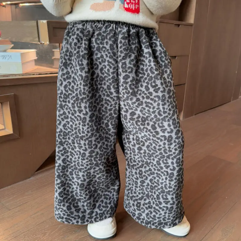 

Girl Winter Thicken Leopard Print Pants Autumn Straight Wide-Leg Pants Child Keep Warm Kawaii Fashion Casual Clothing Homewear
