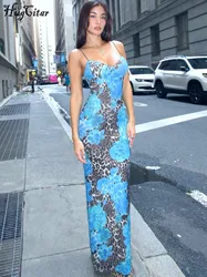 Hugcitar Elegant Print V Neck Slips Backless Sexy Bodycon Maxi Dress 2024 Fall Women Fashion Y2K Outfits Party Festival Club