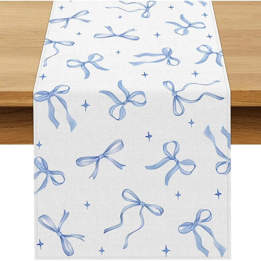 Blue Bow Party Table Runner, Coquette Girls Birthday Tea Wedding Baby Shower, Valentine Dining Room Home Kitchen Table Decor