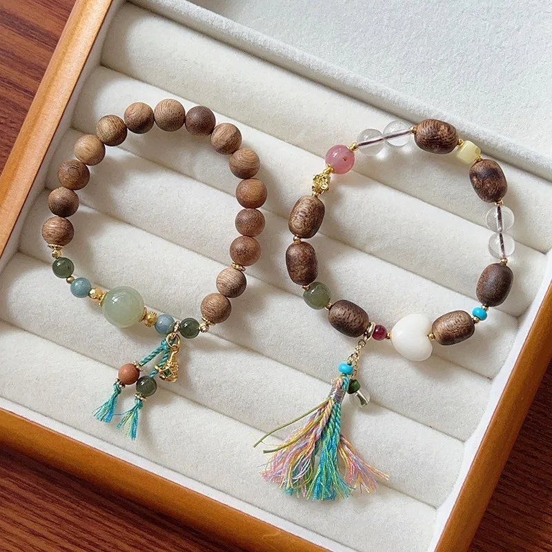 

[Ароматное и долговечное] Натуральный желтый браслет из бисера Цинань, агарового дерева, нефрита Хэтянь, янтарь, новый браслет в китайском стиле, национальный тренд