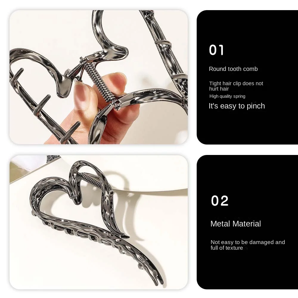 Grab Clip Metal Heart Hair Claw Hairpin Liquid Metal Hollow Clip Metal Heart Hair Clip Headwear Gold Silver Large Hair Claw