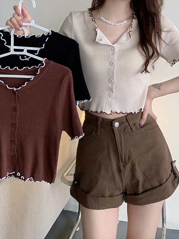 

Korean Sle ort Sve Knitted Sweater Women's Vintage Strip Thin Cardigan Small Size Woolen irt Aosphere Top