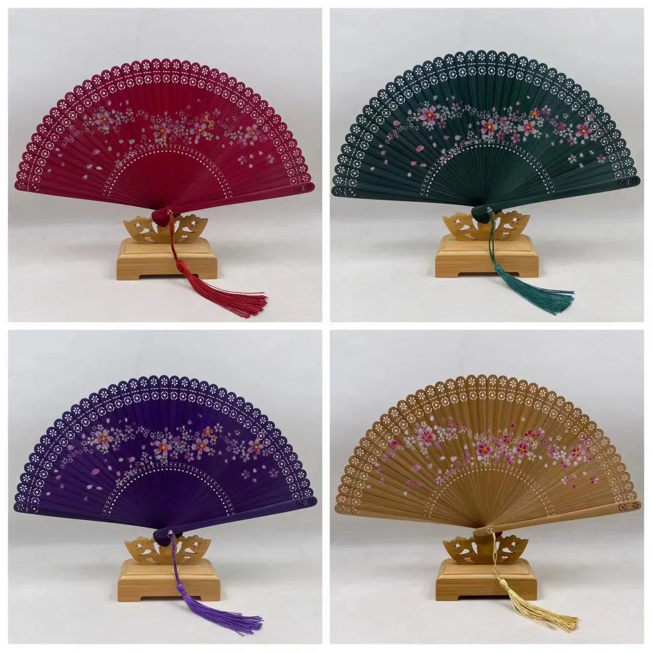 Full bamboo cherry blossom fringed folding fan, Chinese ancient style photo, inkjet painting small fan bamboo  folding fan