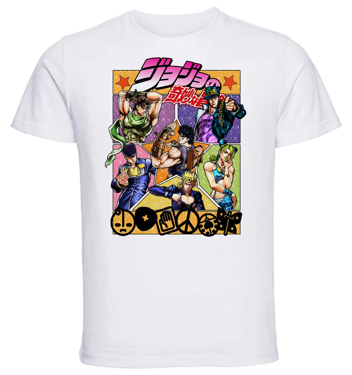 เสื้อยืดสีดำสีเทาสีขาวการผจญภัยที่แปลกประหลาดของ Jojo ตัวละครการ์ตูน