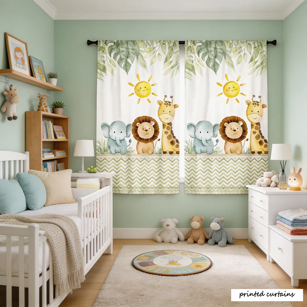 2-piece set, multi-color, watercolor jungle small animals (elephants, lions, giraffes), sun green plant wave print, cartoon