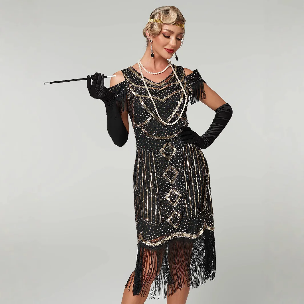 Vestido de Mujer con Flecos Estilo Flapper de los Años 20, Vestido de Fiesta Temática Gatsby, Vestido de Cóctel Vintage con Cuello en V, Hombros Descubiertos, Lentejuelas y Cuentas