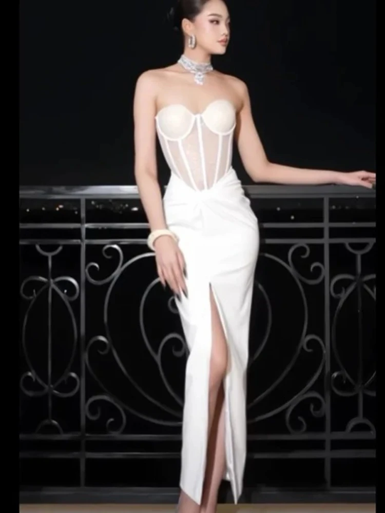 

Sexy Strapless Mesh Patchwork See Though Long Dress Women White Sleeveless Folds Split Bodycon Celebrity Evening Party Dresses