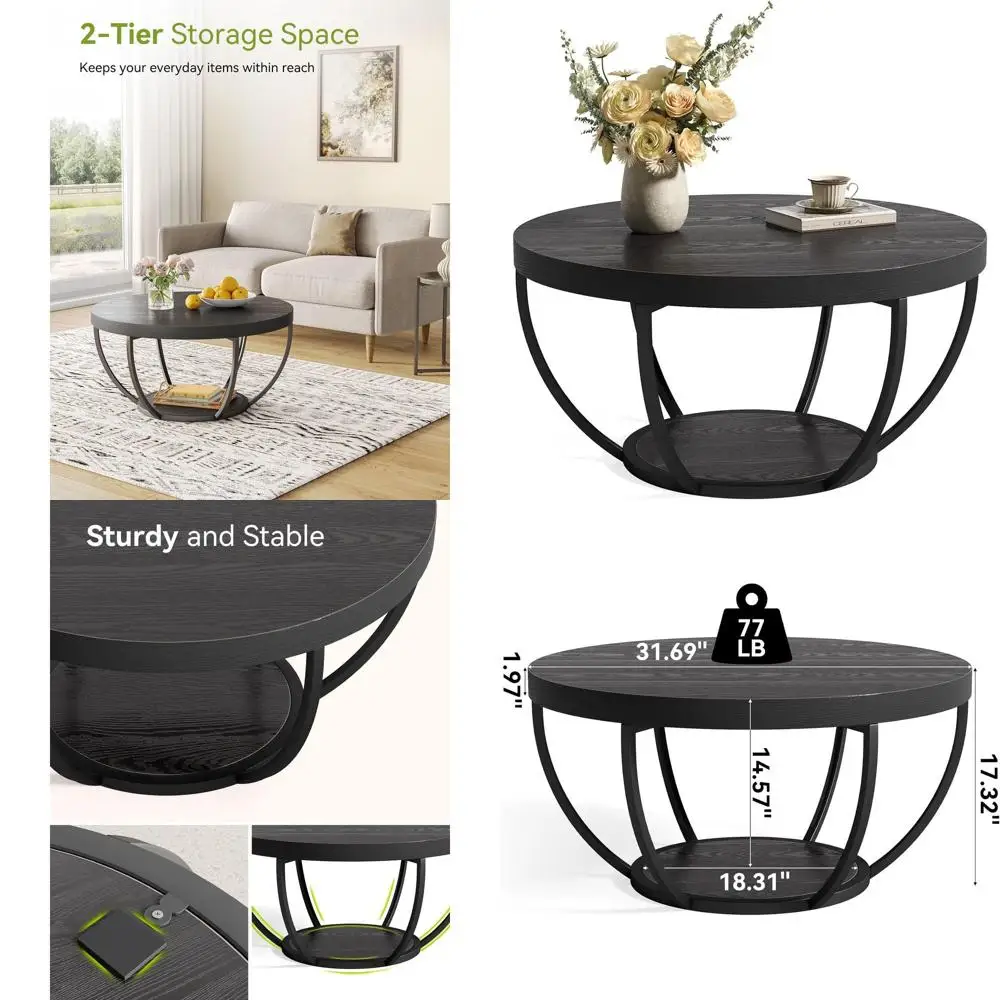 

Industrial Style 32 Black 2-Tier Round Coffee Table with Open Storage for Living Room