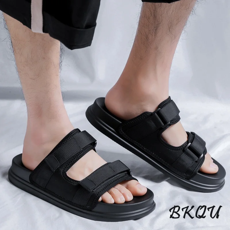 

BKQU Men's Slippers 2024 Flip-flops Summer Casual Beach Shoes on Holiday Wear Wear-resistant Sandals Cloth Upper Adjustable