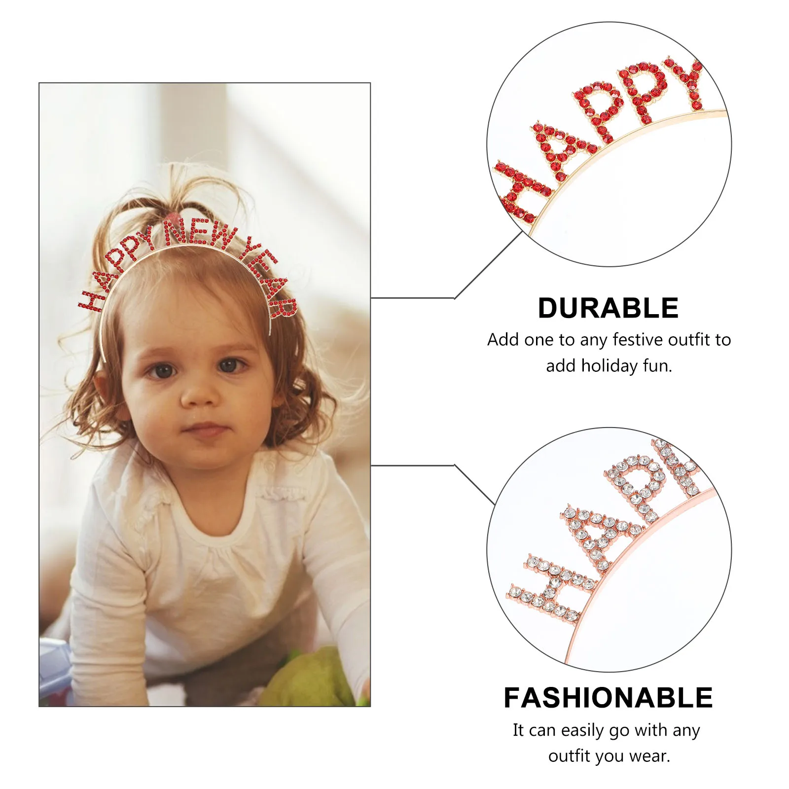 

2PCS Rhinestone Headband Happy New Year Decorative Hairband Christmas Party Spring Festival Headdress Lightweight Festive Hoops