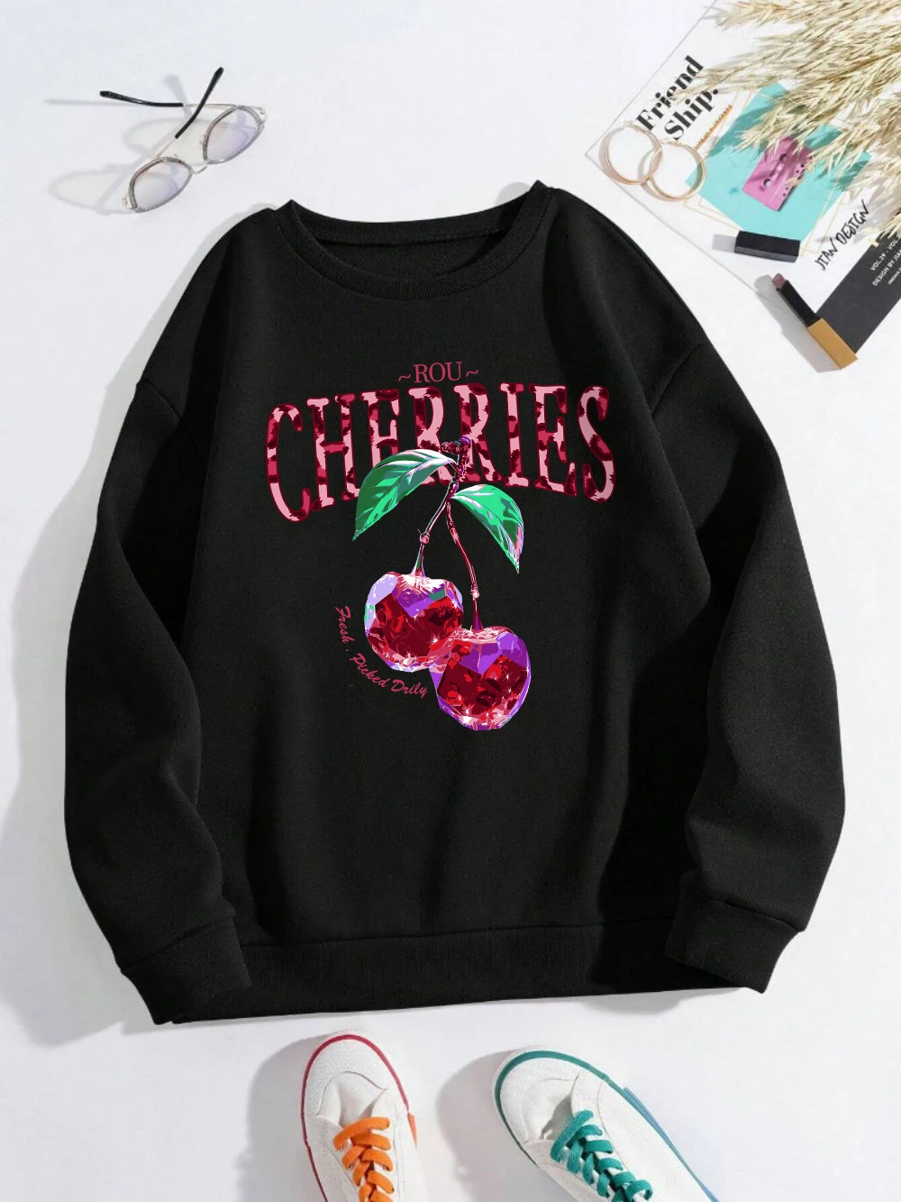 Crystal Cherries Sweatshirts Women'S Fruits Prints Hoodies Loose Fleece Warm Crewneck Clothes Autumn Comfortable Womans Pullover