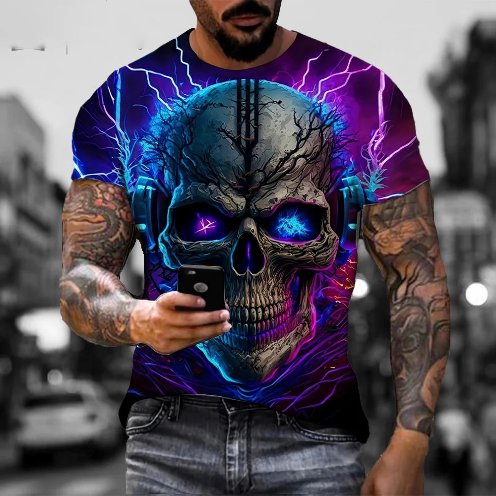 Men\'s Horror Skull Print T-Shirt 3D Print Vintage O-Neck Short Sleeve Fashion Oversized T-Shirts Men\'s Summer Street Clothing