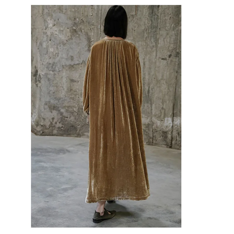 Fengbaoyu-Silkworm Velvet Pleated Dress for Women, Long Sleeve, Loose Swing, Soft Comfortable, Original Design, Spring Autumn