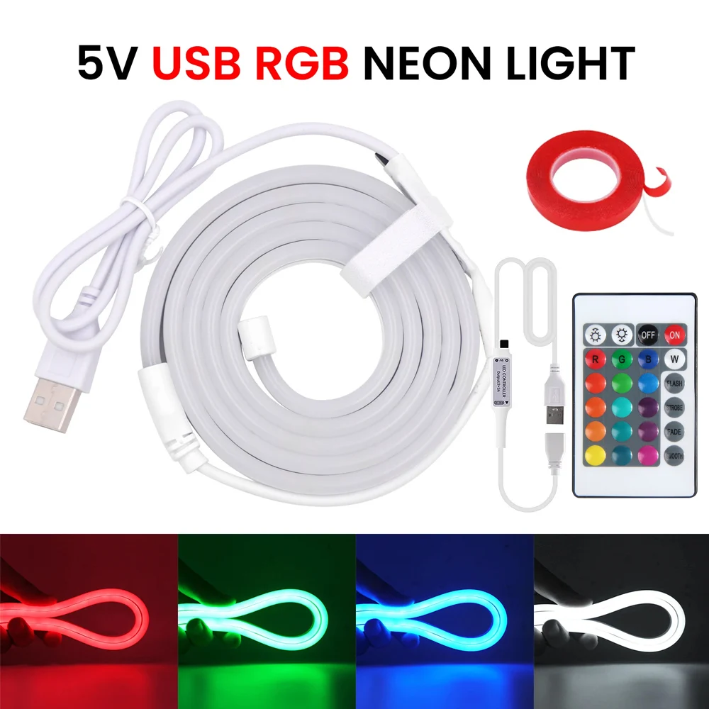 

LED Neon Light with 24Keys Remote Control RGB Flexible Lamp 5V USB Ribbon Neon Tape Silicone Tube for Home Backlight Decoration