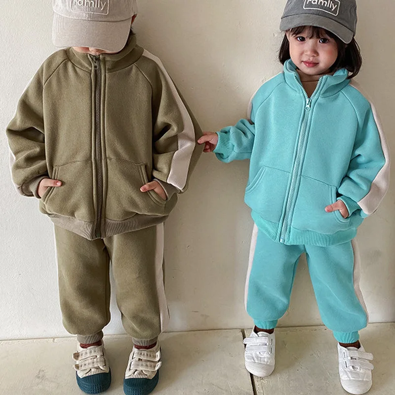 

2025 Winter New Children Plus Velvet Thick Clothes Set Boys Girls Fleece Sweatshirt + Sweat Pants 2pcs Suit Kids Warm Outfits