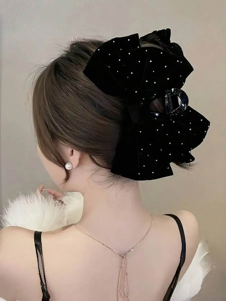 

Black Velvet Bow Hair Claw Clip With Rhinestones For Women Elegant Hair Accessory