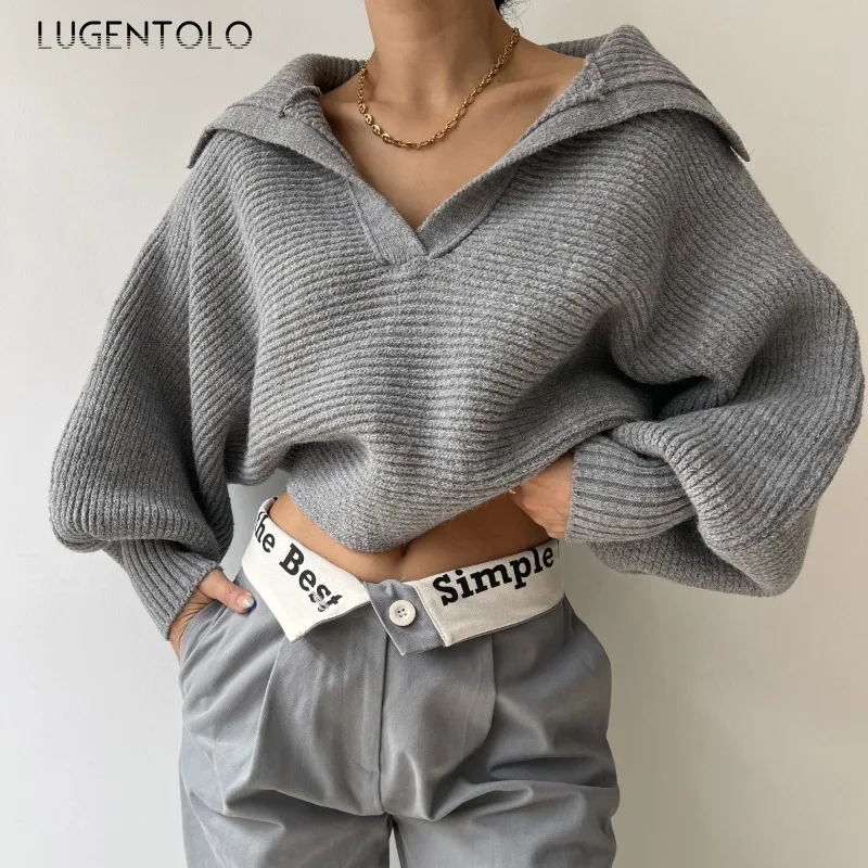 Women Fashion Sweater Solid Color Oversized Threaded Knit Tops Vintage Lapel Lantern Sleeve Pullovers Elegant Street Party Wear