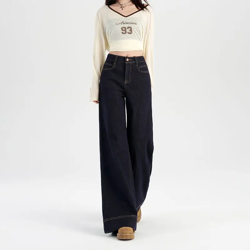 

25 Anti-fading Denim Blue Loose Wide-leg Jeans with Fleece New Stretch Laid-back and Casual Floor-length Pants Women's Clothing