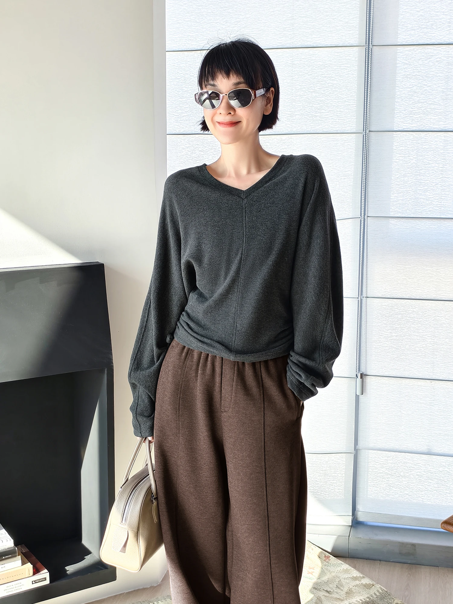 

Slimming Effect Long Sve V-Ne Dstring Waist T-irt Women's Spring Soft Sle Top Ci Light Su Xiaotang Amber T ey