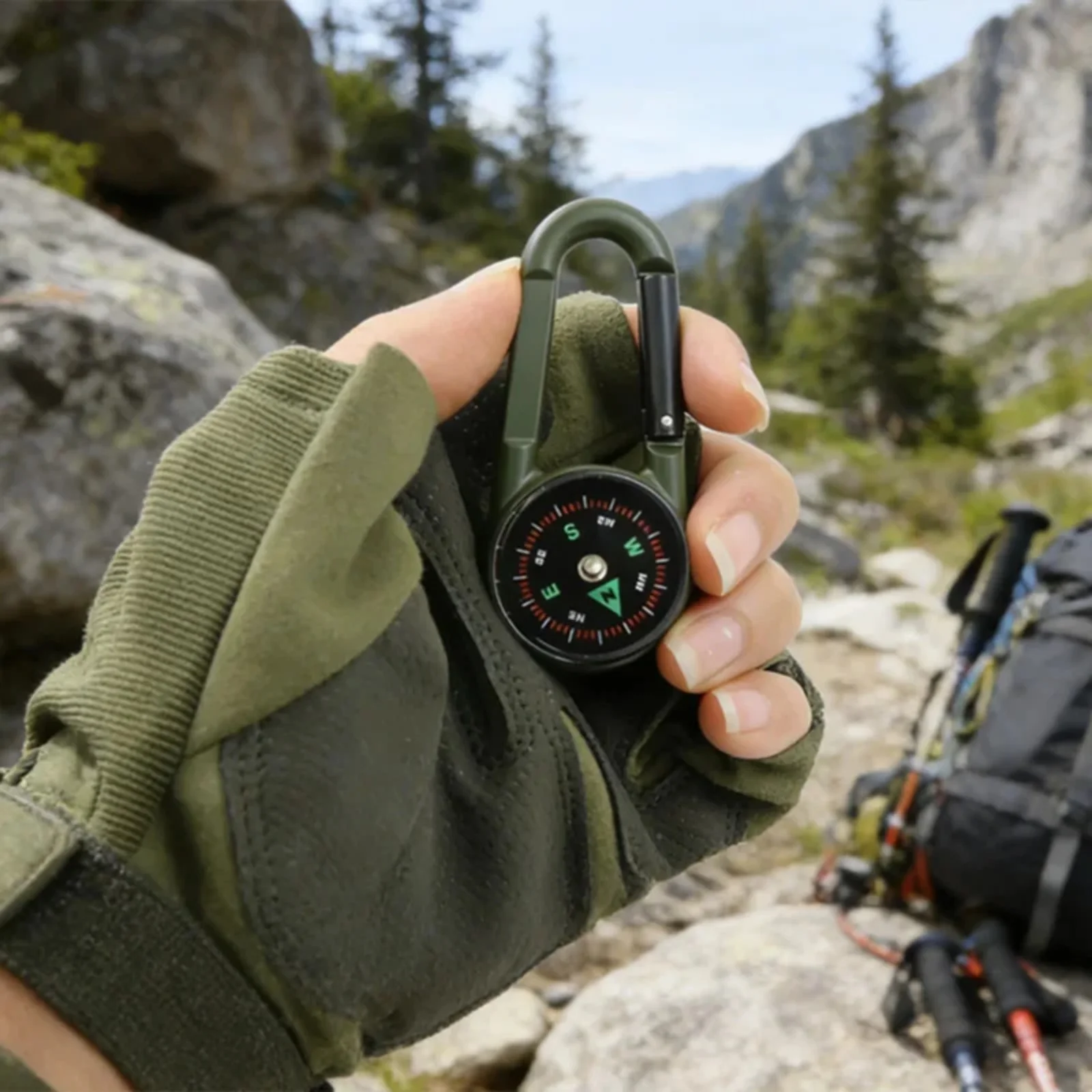3 In 1 Carabiner Compass Thermometer Outdoor Survival Keychain Portable Pocket Mountaineering Buckle Hook Direction Guide