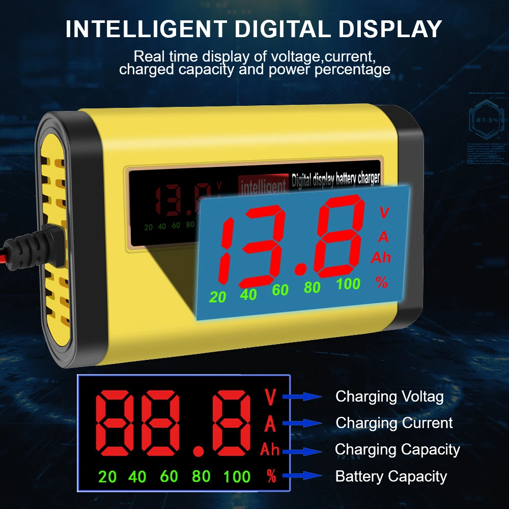 12V EU-Stecker Autobatterie-Ladegerät Blei-Säure-Batterie Impulsreparaturwerkzeug Intelligentes Digitales Auto- und Motorradzubehör – Detail 7