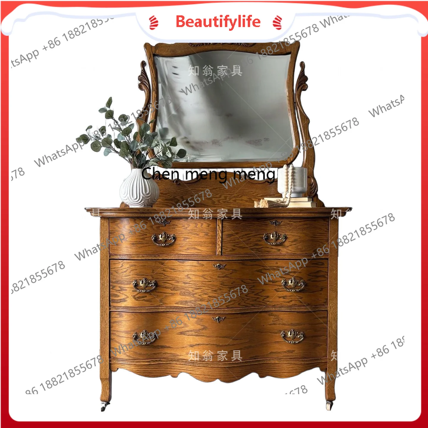 

French retro solid wood dresser ash wood makeup table bedroom with makeup mirror locker H
