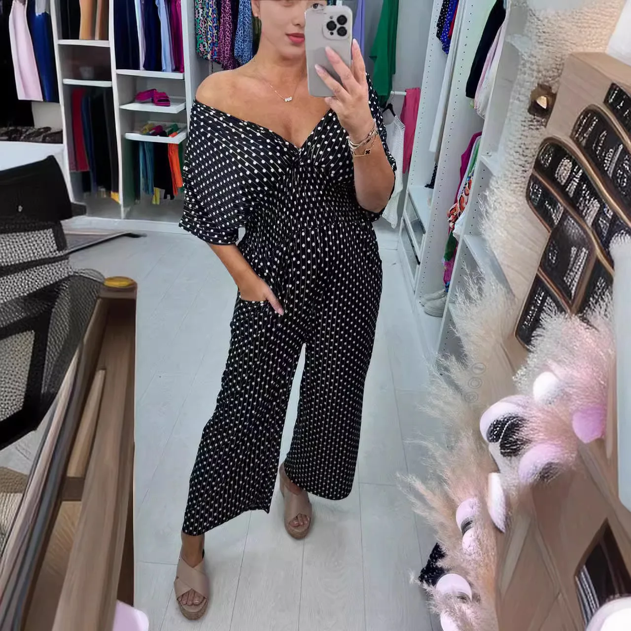 Elegante Sommer V-ausschnitt Sexy Dolman Ärmeln Taille Schlank Polka Dot Print Overall Casual Frauen Breite Bein Hosen Overall 2025