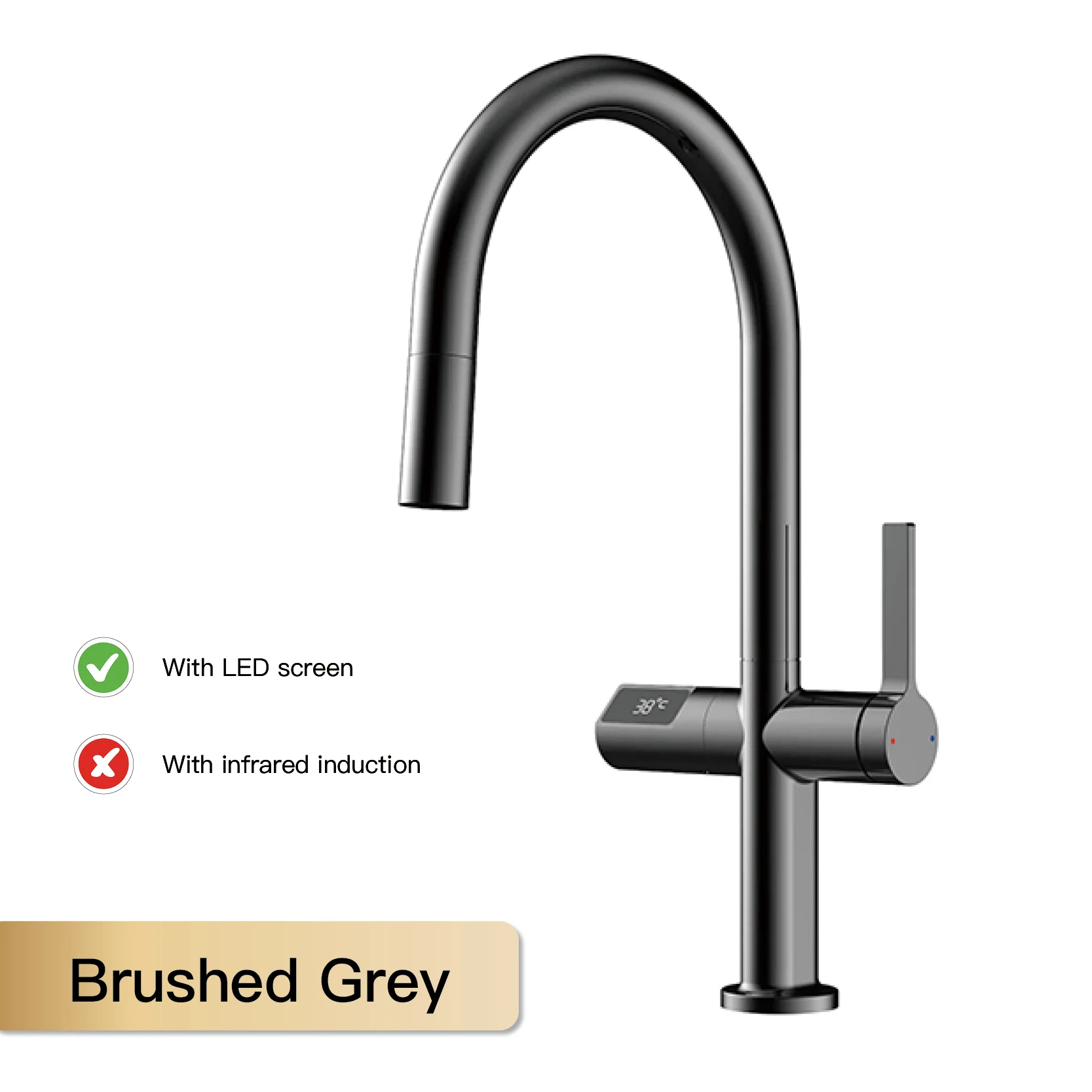 Luxe Messing Pistool Grijze Keuken Kraan Led Digitaal Detectie Ontwerp Enkele Handgreep Warm En Koud Water Pull-Out Type 2-Functie Gootsteen Kraan