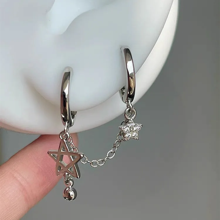 1PCS Silver Color Star Chain Double Ear Hole Stainless Steel Ear Bone Nail Y2K Fashion Hottie Earrings for Women Jewelry