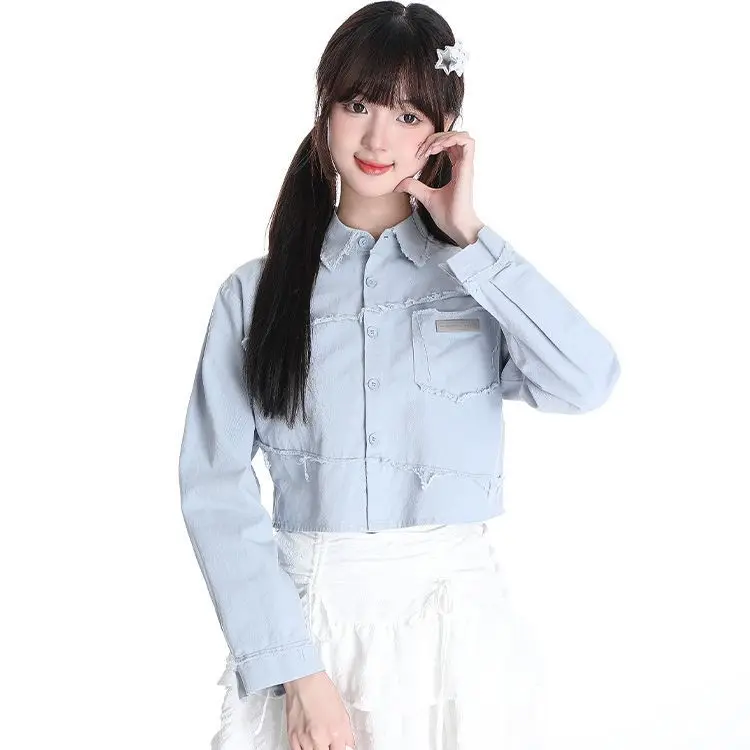 Casaco Denim Kawaii Turn Down Collar para Meninas, Tops de Cor Sólida para Mulheres, Jaquetas Y2K, Roupas Curtas Bonitos, Roupas Harajuku, Novo, Outono