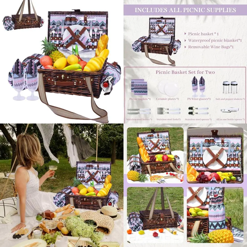 

neti neti wicker picnic basket for 2 boho with insulated cooler & waterproof blanket – large willow picnic hamper for outdoor, c