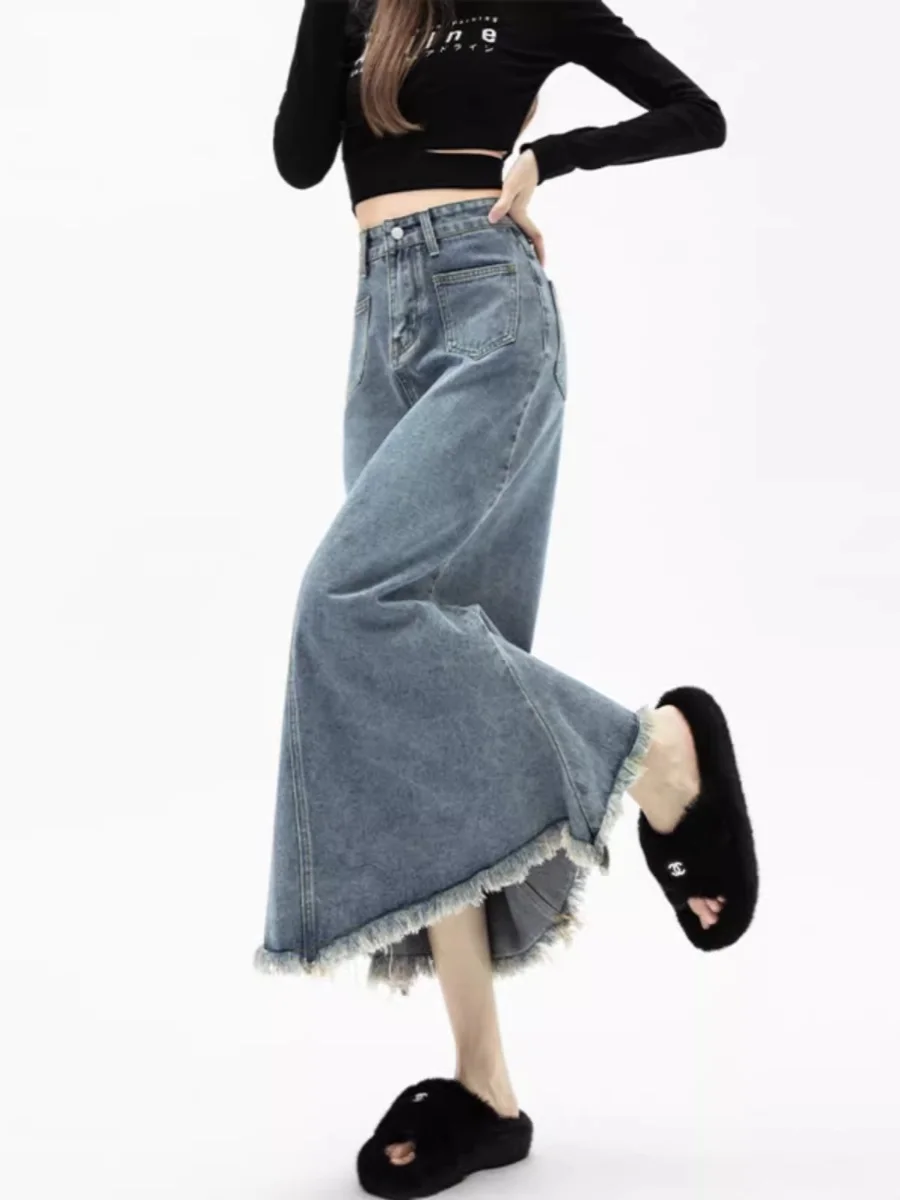 

Retro Denim Fish Tail Half Skirt Women's Spring Autumn Style High Waist Slim A-Line Wrap Body Long Skirts