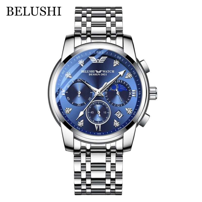 BELUSHI Sport Chronograph Men Watch Top Brand Stainless Steel Quartz Wrist Watch Men Waterproof Moon Phase Male Clock