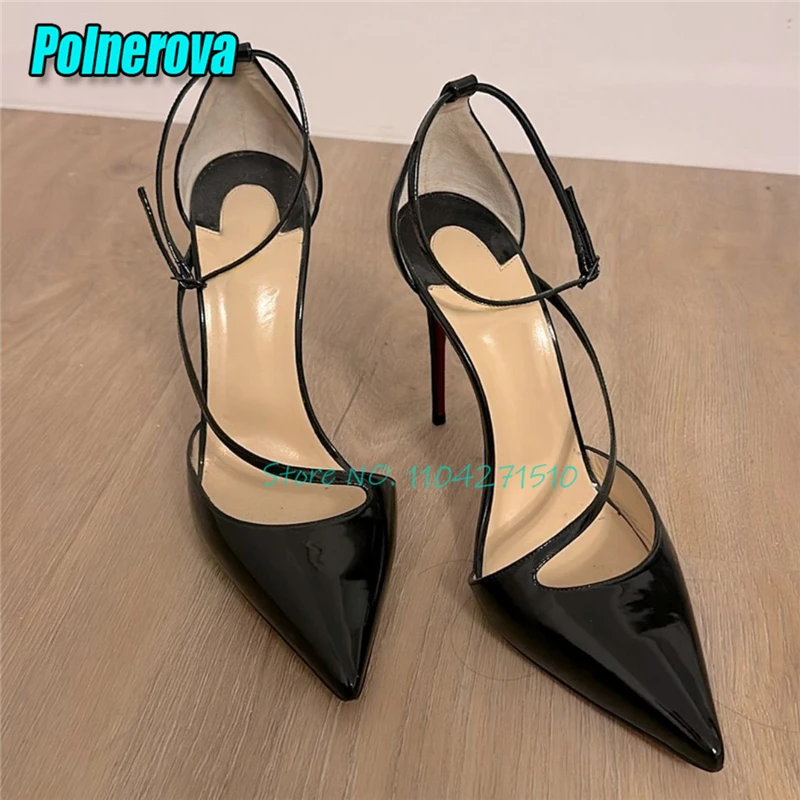Sexy Pointed Toe Patent Leather Stiletto Pumps Solid Cross Strap Ankle Buckle High Heels Elegant Women Party Wedding Dress Shoes