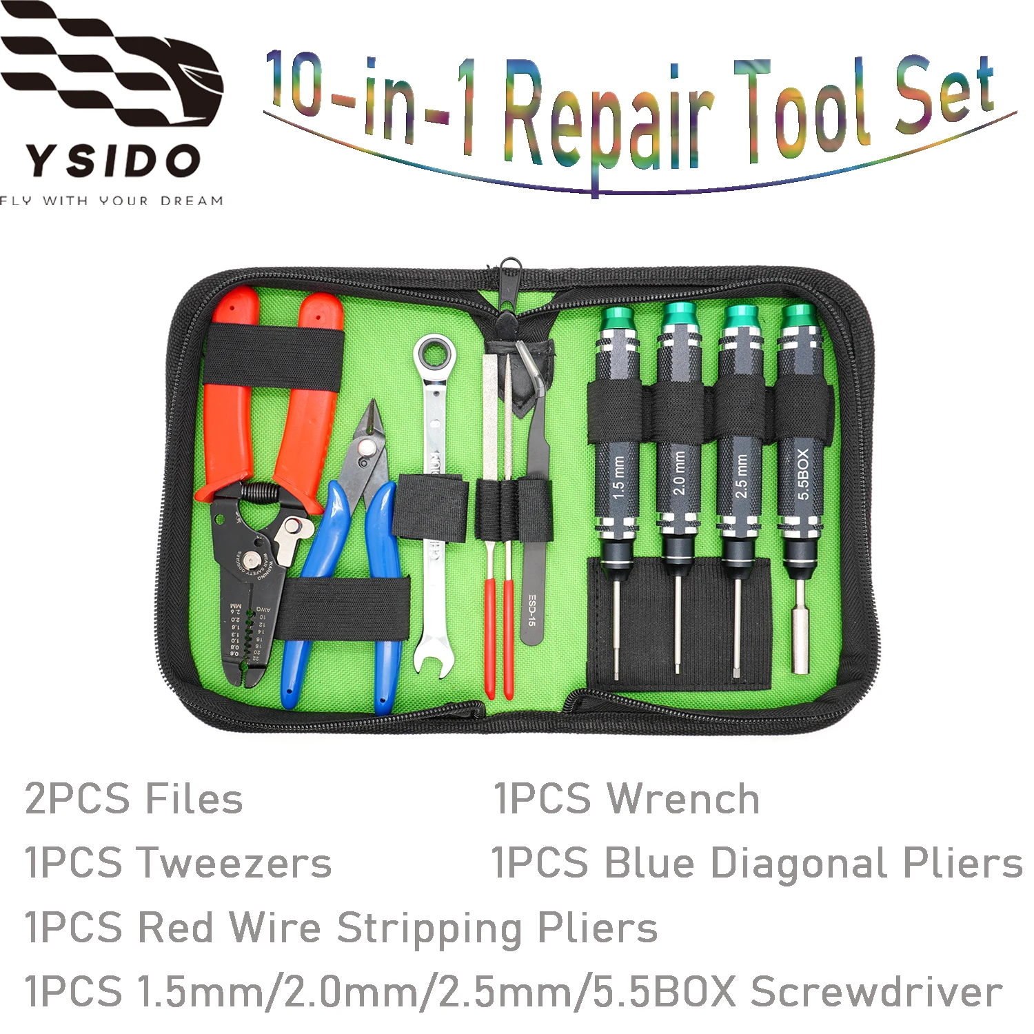 

YSIDO 10-in-1 Multi-functional Tool Kit Hex Screwdriver Pliers Wrench for RC Quadcopter Drone Car Boat DIY Model Repair Tool Set