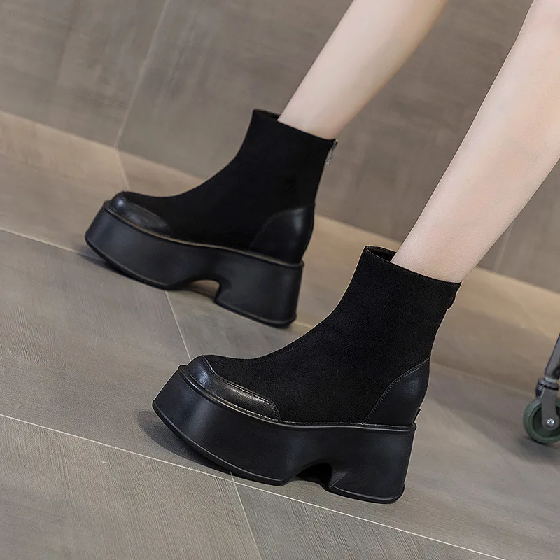 

11CM Black Sheepskin Suede Women Ankle Snow Boots Platform Wedge Plush Warm Autumn Spring Winter Shoes ZIP Block Booties Shoes
