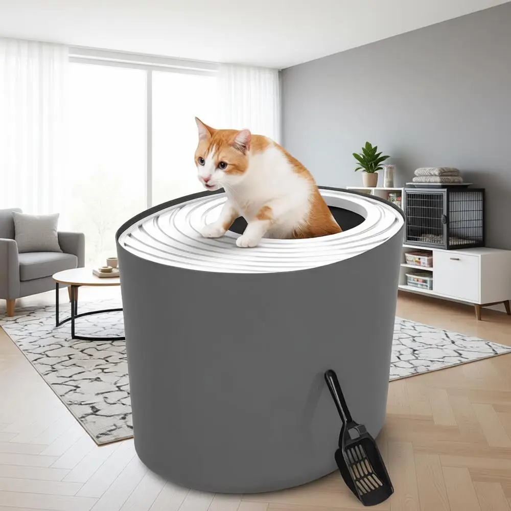 

Large Top Entry Litter Box with Litter Catching Lid and Scoop, Cat Box Enclosure, Gray/White