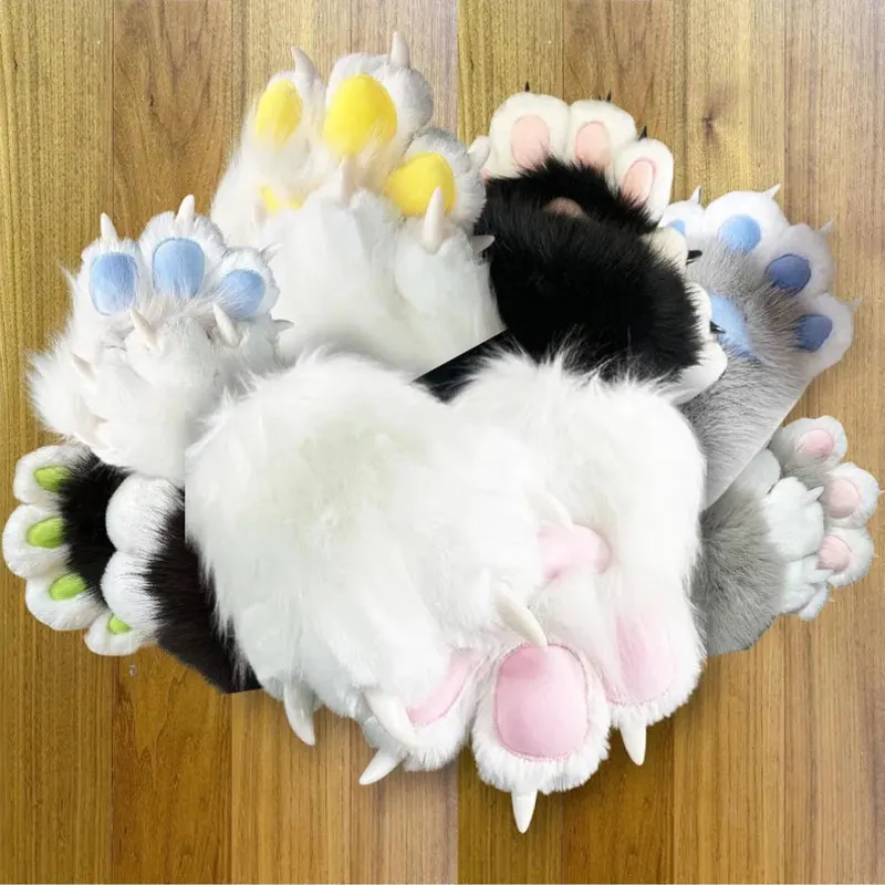 

Kigurumi Faux Fur Plush Furry Cat Claw Gloves Fursuit Animal Fox Paws Mittens Halloween Cosplay Costume Accessories for Adult