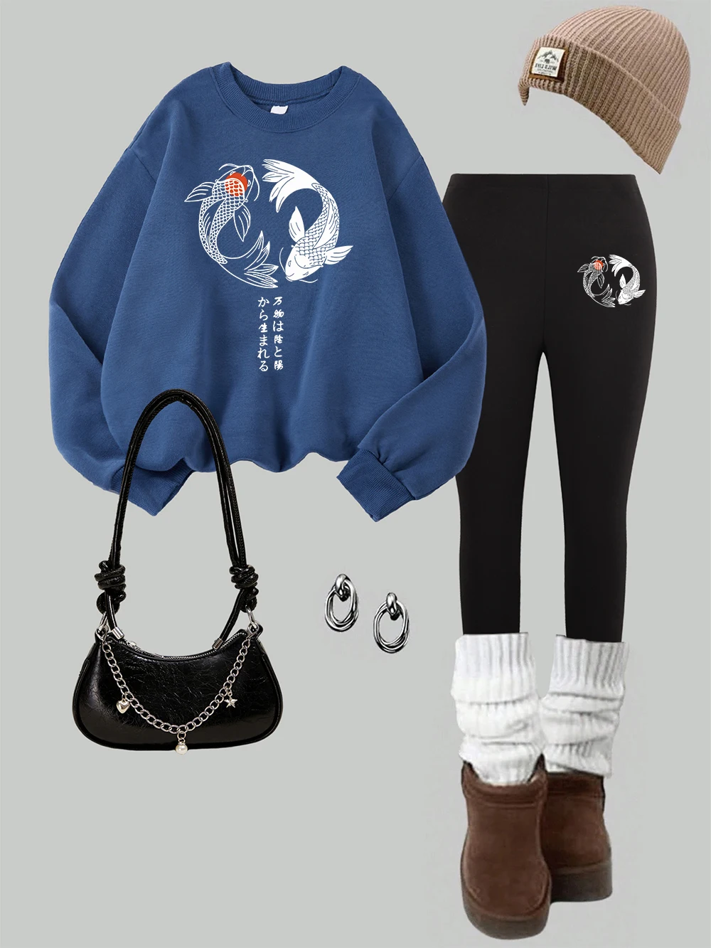 

Женский японский свитшот с принтом кои в стиле Харадзюку, леггинсы, комплект, зимние теплые флисовые штаны с капюшоном, уличная повседневная женская одежда