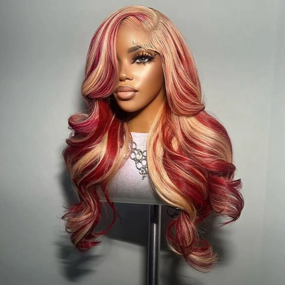 

200 Density Date Red 613 Blonde Highlight 13x4 Lace Frontal Human Hair Wigs Body Wave Lace Front Wigs for Women Pre Plucked