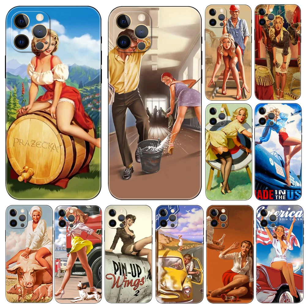 Sexy Pin up Girl Vintege ，phone case for iphone，14 2020se 6 6s 7 8 plus x 10 XR XS 11 12 13 mini pro MAX black tpu back cover