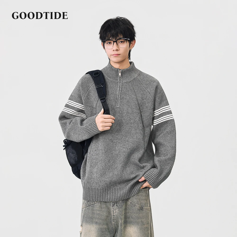 Fashion Men's Casual Half Zip Mock Neck Sweater 2025 Winter New Stripe on Sleeve Raglan Sleeve Knitted Pullover Soft Jumper Top