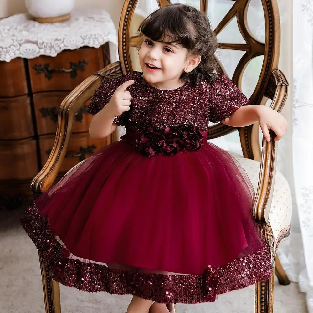 

Noble Puff Sleeve Girls Princess Evening Dress Flower Shiny Glitter Summer Lace Dress Sweet Bowknot Children Tulle Dress Party