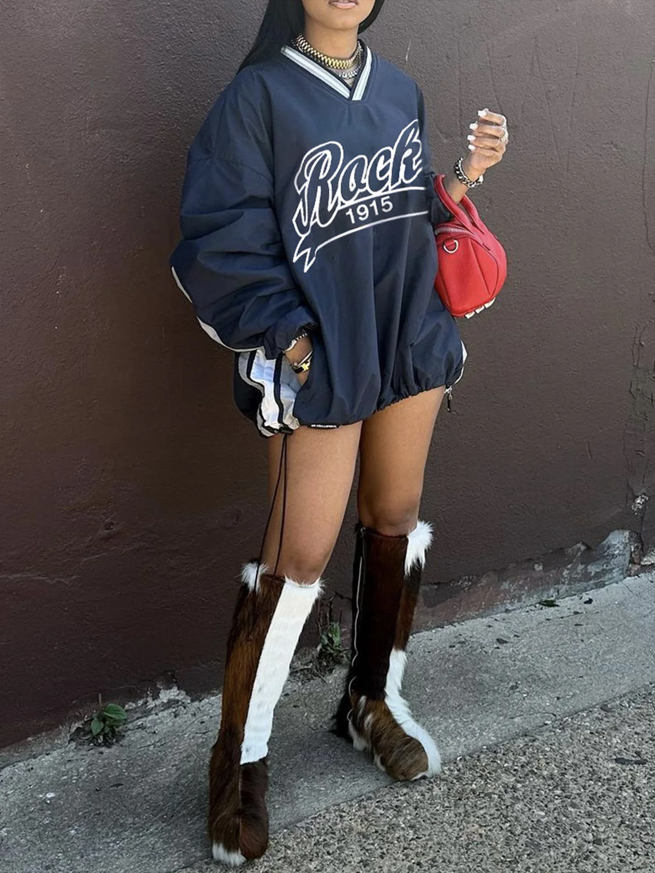 

Autumn Women Outfit 2025 American Street Casual Women's Letter Print Color-block Loose Hoodie V-neck Long Sleeve Blouse