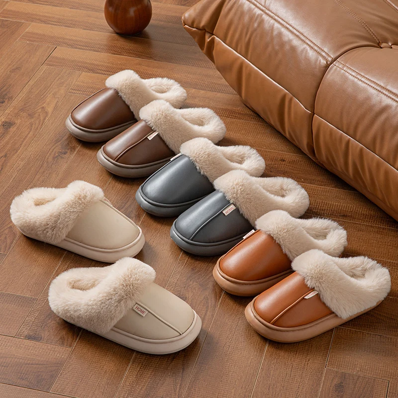 Damen-Hausschuhe, Winter, für drinnen und draußen, warm, rutschfest, Baumwollschuhe, wasserdicht, flauschige Hausschuhe, Paar-Schlafzimmer-Plüsch-Hausschuhe – Detail 1
