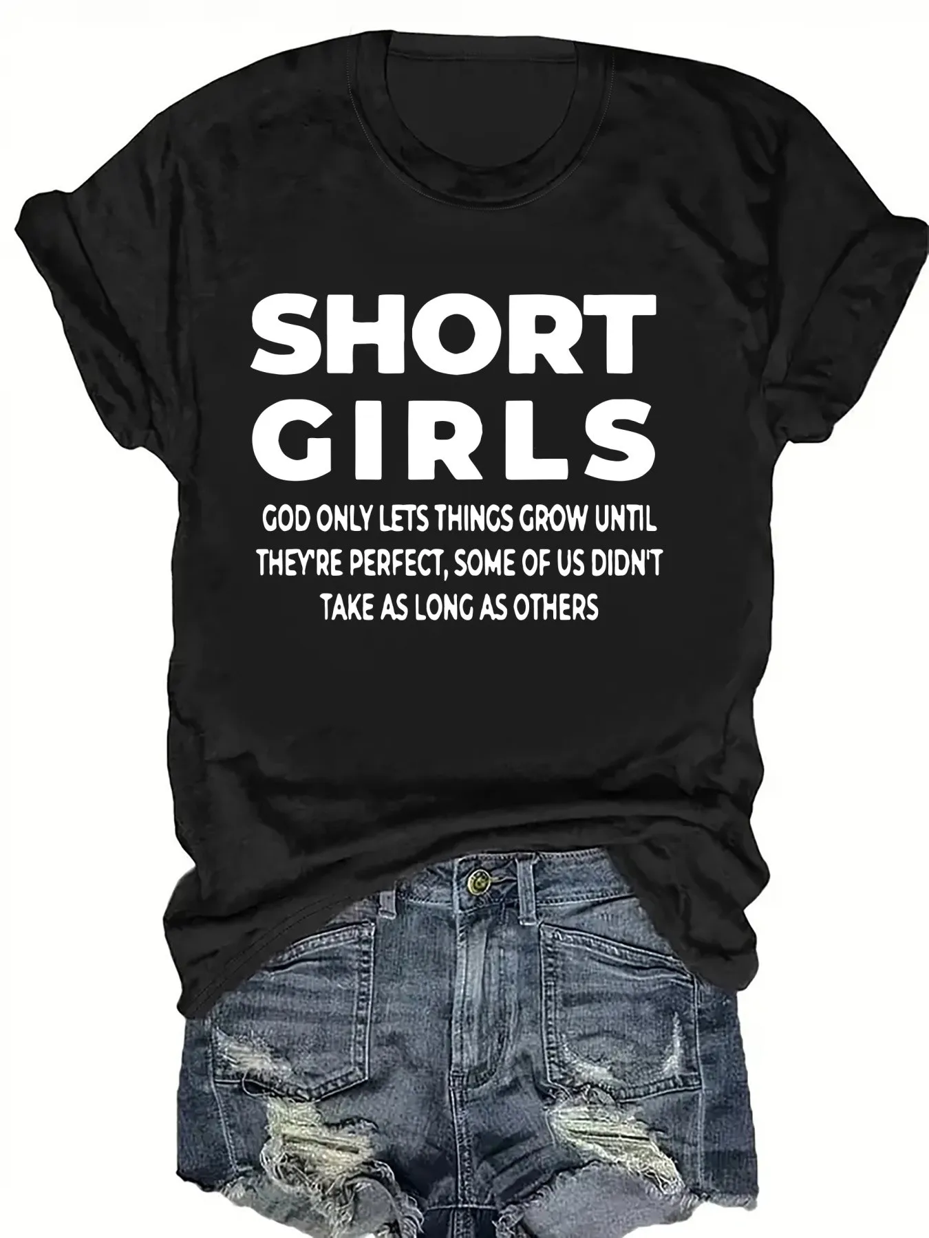 Women's Short-Sleeve Crew Neck T-Shirt with Slogan Print in Gray, Casual Style, Machine Washable, Versatile for All S