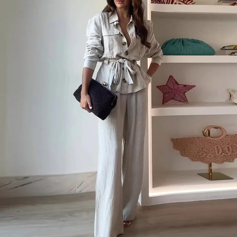 2025 nuevo otoño temperamento traje de fiesta Oficina señora solapa camisa de manga larga traje Retro Color sólido pantalones largos sueltos conjunto de 2 piezas