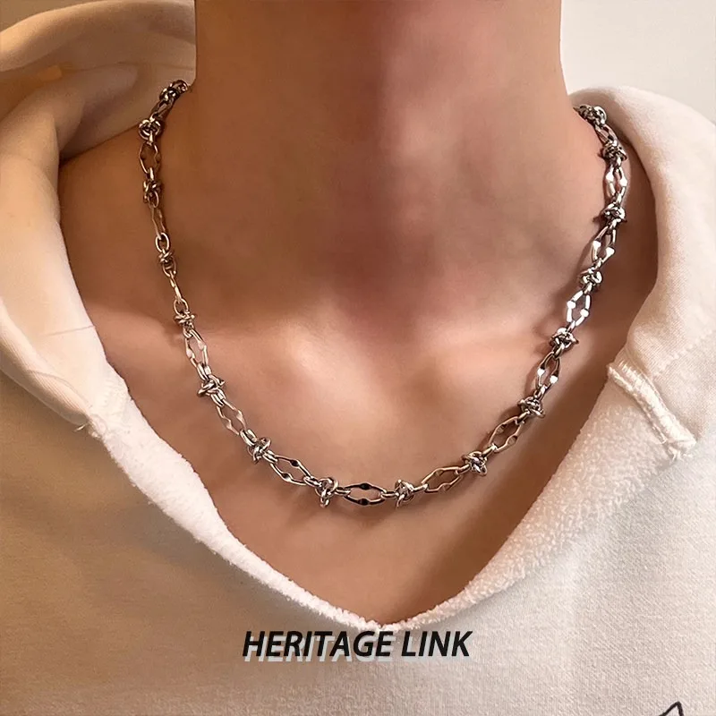 American Minimalist Streetwear Pure Silver Knot Thorns Necklace for Men Hip Hop Trendy Niche Design Choker Valentine Day Gift