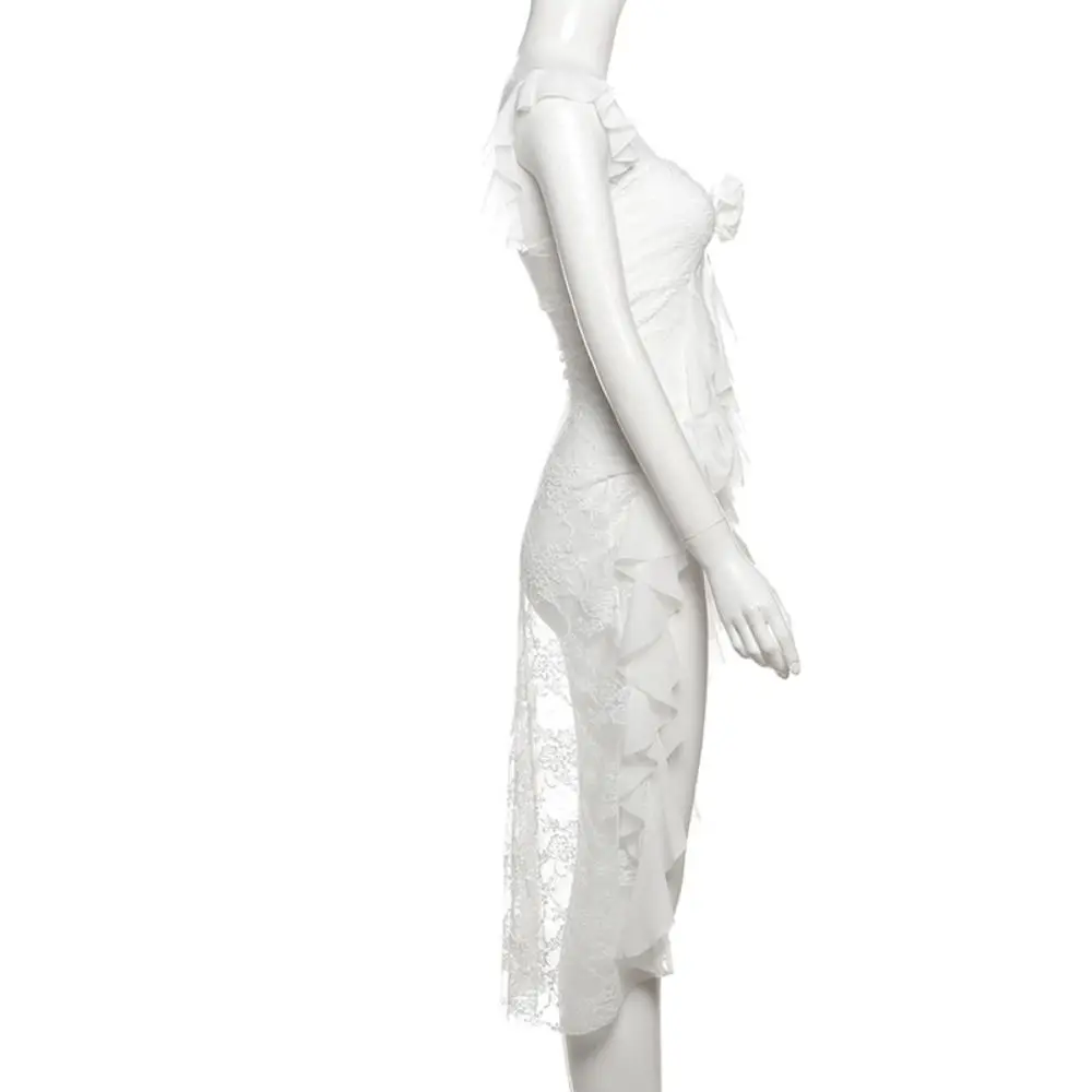 

Off-shoulder Lace Flower Tassel Camisole Ruffled Edge Transparent Mesh Ribbon Dress Beachwear Sweet Sleeveless Top Women Summer